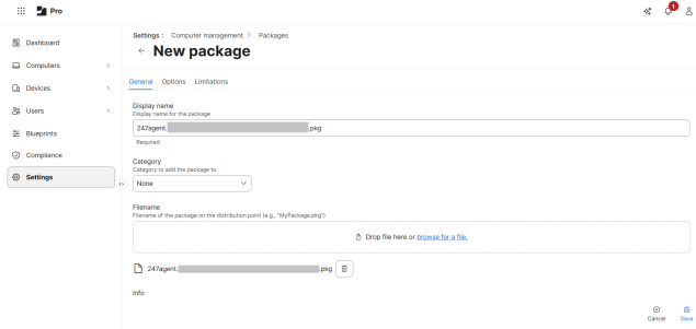 Jamf Pro New package screen showing the General tab with fields for display name, category, and package file upload.